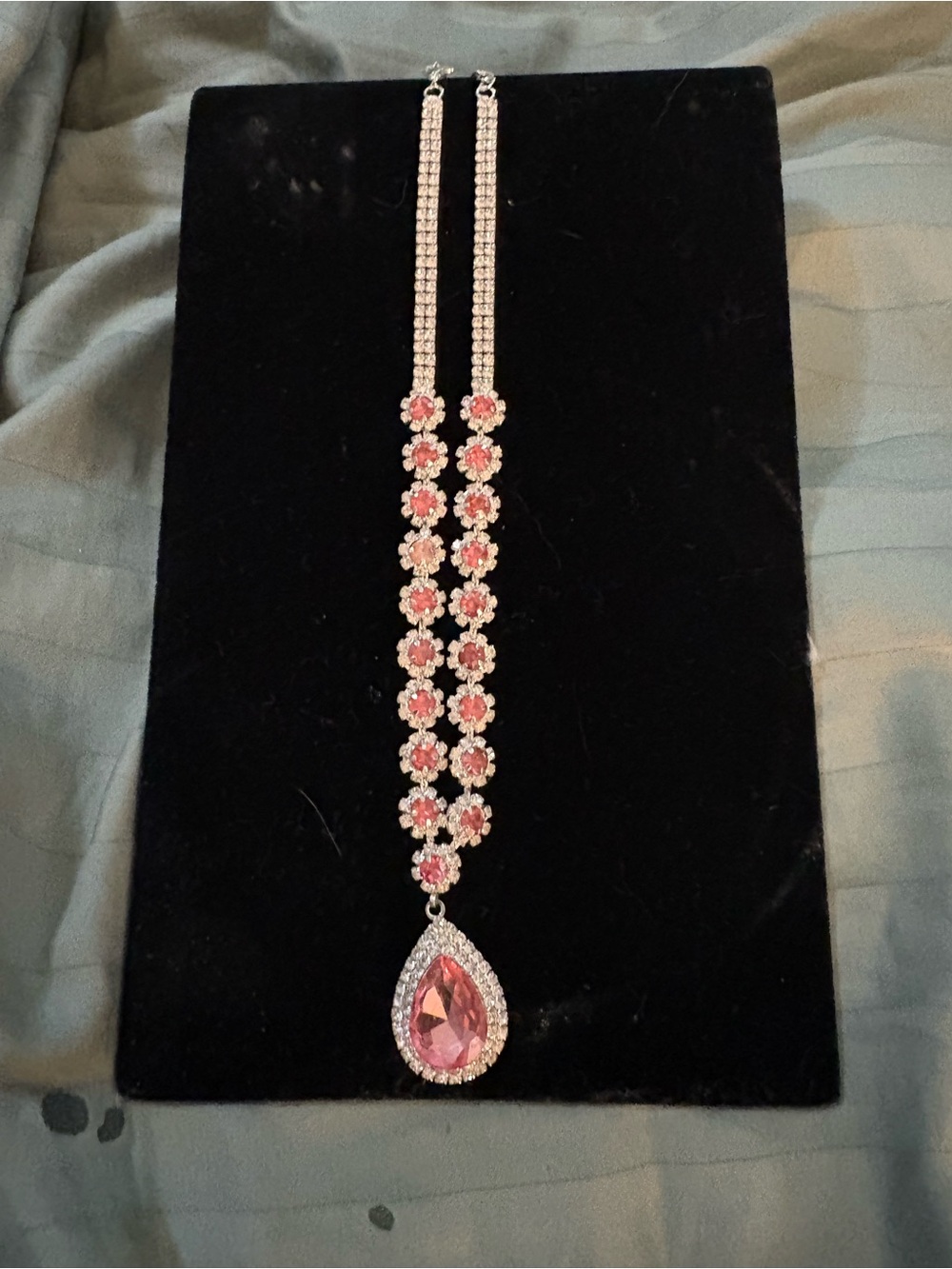 Elegant Pink Teardrop Pendant Necklace with Crystal Accents
